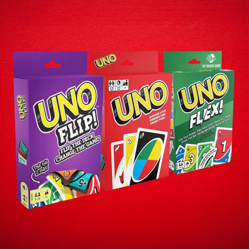 COMBO of 3 UNO FLIP, UNO, and UNO Flex - 330 UNO cards for a fun board game experience with family and friends