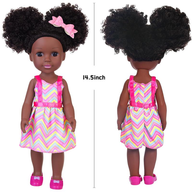 14.5 Inch Black African Baby Doll with Pink Dot Skirt and Accessories Set Silicone Black Doll Realistic Black Girl Doll