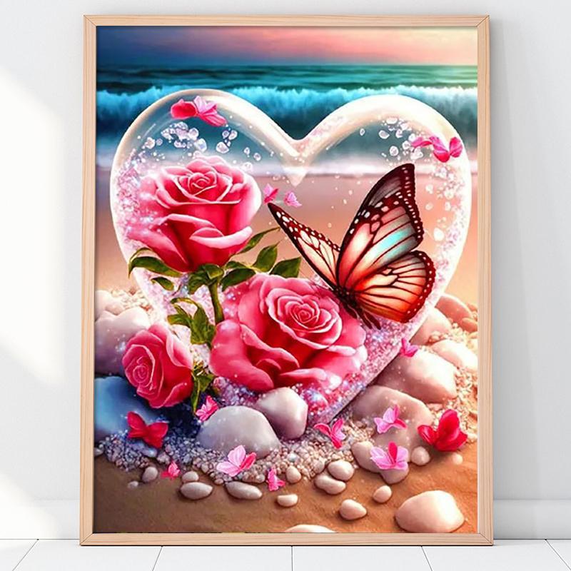 Butterfly & Rose Pattern DIY Decorative Art Picture without Frame, 5D DIY Full Round Drill Diamond Arts Colorful Painting Kit, Wall Art Crafts for Home Decor