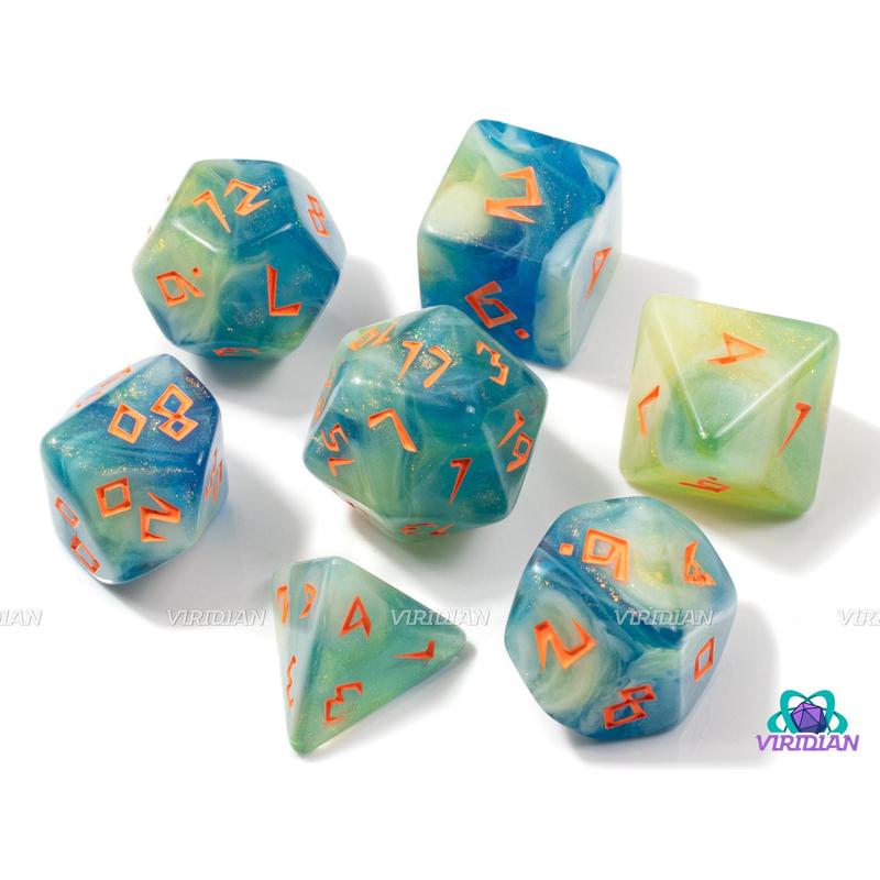 Tropical Tide | Teal Blue, Yellow and Light-Green Swirls, Glitter, Orange Runic   Goblin Font | Acrylic Dice Set (7)