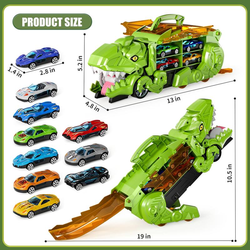 Christmas Gift Transformed Dinosaur Truck Toy With 10 Diecast Racing Cars, Dino Transport Car With Wings And Handle , Birthday Gift For