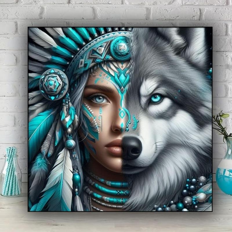 Wolf & Indian Woman Pattern DIY Diamond Art Colorful Painting Kit without Frame, DIY 5D Diamond Art Painting Kit, Wall Art Decor for Home Living Room Bedroom