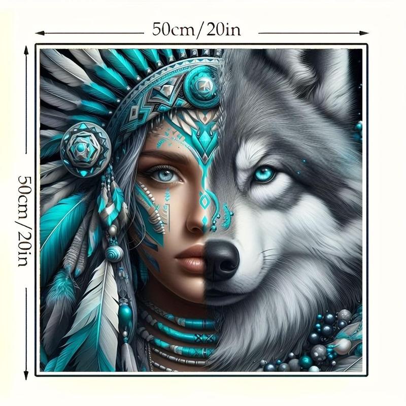 Wolf & Indian Woman Pattern DIY Diamond Art Colorful Painting Kit without Frame, DIY 5D Diamond Art Painting Kit, Wall Art Decor for Home Living Room Bedroom