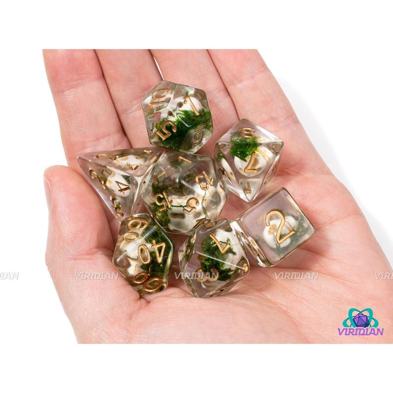 Cursed Crew | Skulls, Bones, Green-Black Moss, Clear-Transparent | Resin Dice Set (7)