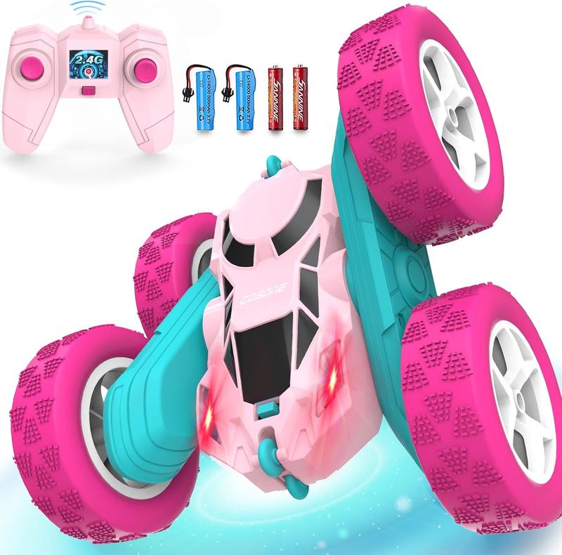 Pink Remote Control Car for Girls - RC Stunt Cars with 4WD Double-Sided Driving 360 Flips Rotating, Off Road Remote Car Outdoor Toys for Kids Age 6 7 8-12, Christmas Birthday Gifts