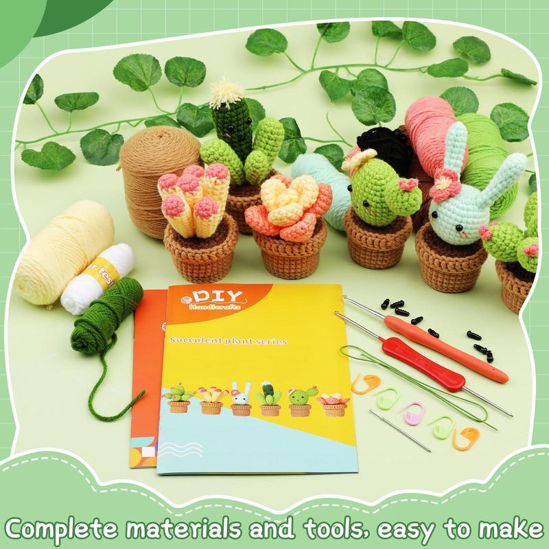 Succulent Potted Plant Crochet Kit, 6 Counts Cute Crochet Starter Kit with Tools & Video Instruction, DIY Handmade Knitting Supplies,  Christmas Gift