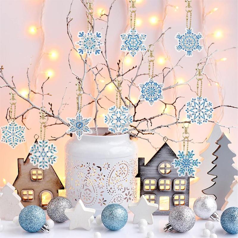 Christmas DIY Diamond Arts Colorful Painting Kit, 12pcs set Snowflake Series Acrylic Keychain, DIY Decorative Kit for Bag, Car, Phone, Computer, Bag Decoration