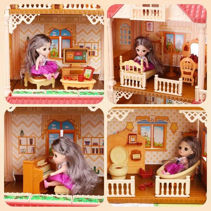 Huge Dollhouse With Elevator And 2 Doll,With 388 PCS Furniture and Accessories,Christmas Birthday Gifts,Red