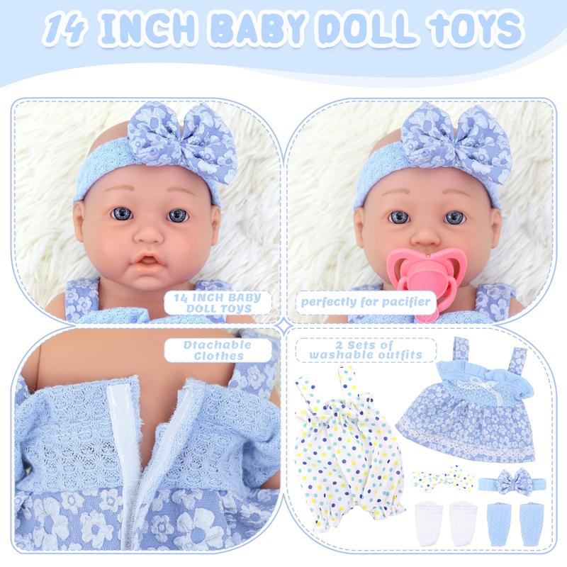 14 inch baby doll with accessories including clothes bottles, diapers, pacifiers