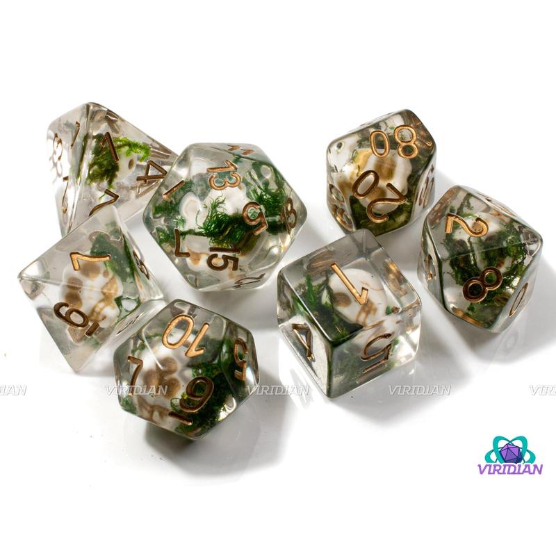 Cursed Crew | Skulls, Bones, Green-Black Moss, Clear-Transparent | Resin Dice Set (7)