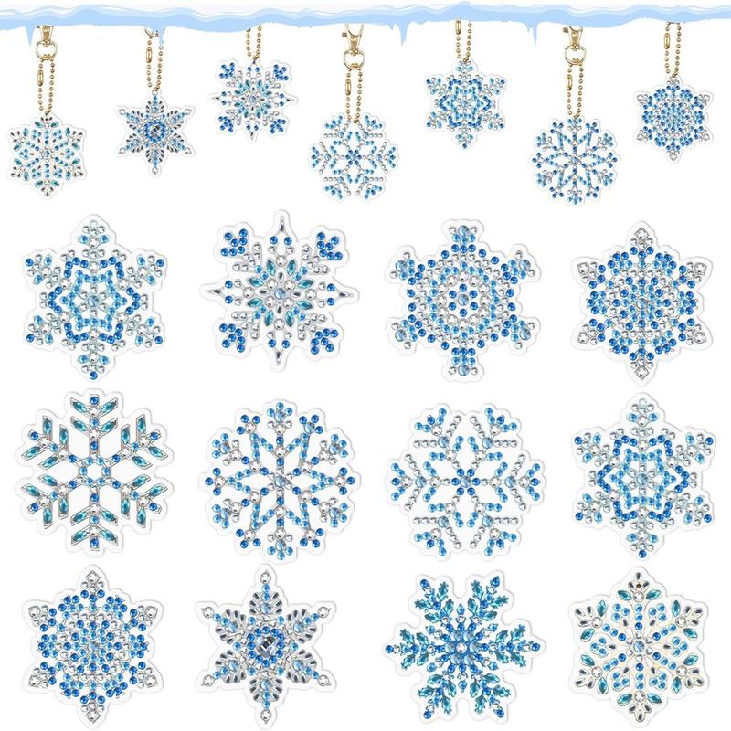 Christmas DIY Diamond Arts Colorful Painting Kit, 12pcs set Snowflake Series Acrylic Keychain, DIY Decorative Kit for Bag, Car, Phone, Computer, Bag Decoration